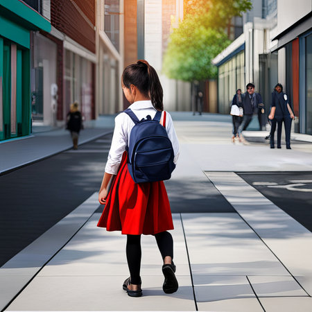 Cheerful cute smiling little student schoolgirl girl portrait back to school, illustrationの素材