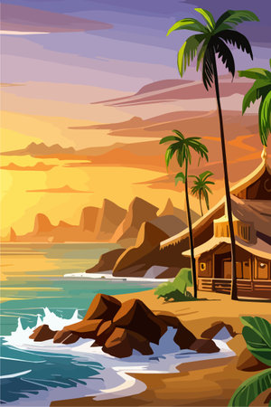 vertical paradisiacal beach in the caribbean with palm trees sunset sun and a sea on the background of mountains, vector illustration. Vector illustrationのイラスト素材