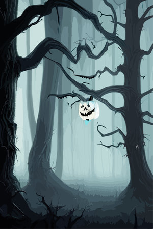 Happy Halloween background and scary tree pumpkin on full moon dark night and black bat and dark mystical forest. Vector illustrationのイラスト素材