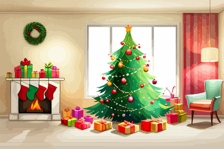 New Years festive interior watercolor house, room. Festive Christmas interior with garlands and Christmas tree, holiday postcard. Vector illustration.のイラスト素材