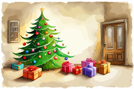 Living room interior decorated for Christmas holiday. Christmas tree with gifts inside the house, modern interior with furniture and a window. Watercolor vector illustrationのイラスト素材