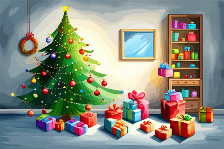 New Years festive interior watercolor house, room. Festive Christmas interior with garlands and Christmas tree, holiday postcard. Vector illustration.のイラスト素材