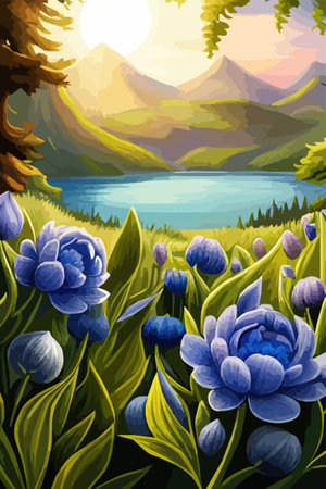 Large pink flower sitting on top lush green forest filled with leaves and bright sun shining through the leaves of the flowers. Vector illustrationのイラスト素材