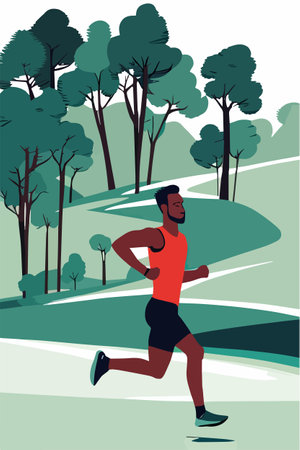 Man running in park. Vector illustration. Man running through city park in sportswear.のイラスト素材