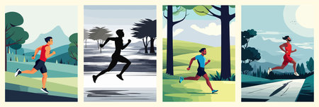Banner set Flat vector concept illustration male athlete running in park, forest, or street landscape. Healthy activity and lifestyle. Sprint, jogging, warming up.のイラスト素材