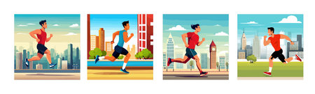 Banner Runners set. Flat vector concept illustrations athletes running in park, forest, stadium track or street landscape. Healthy activity and lifestyle. Sprint, jogging, warming up.のイラスト素材