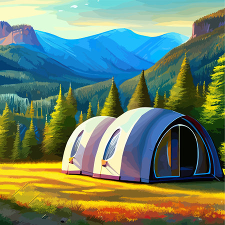 camping with mountain and sunset, sunrise, outdoor recreation concept at one with nature, vector illustration. Vector illustrationのイラスト素材