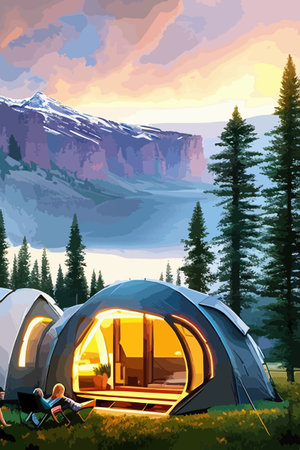 vertical vector illustration of a mountain landscape, with camping in nature. Vector illustration