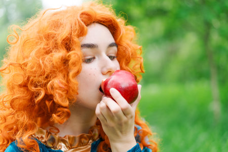 portrait of a young women in a red curly wig eats a big red apple in the park close-upの写真素材