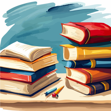 Back to school, School books on the desk. Vector. Watercolor vector illustration.のイラスト素材