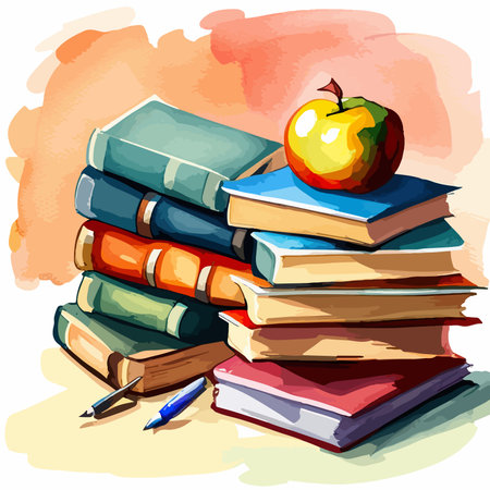 Back to school, School books on the desk. Vector. Watercolor vector illustration.のイラスト素材