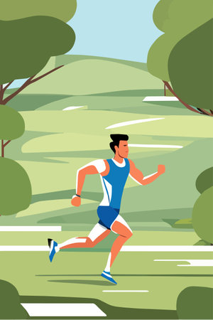 Man run in city park. Active lifestyle in urban environments. Outdoor leisure. Vertical Vector illustration in cartoon styleのイラスト素材