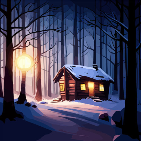 Landscape with moon moonlit night dark mysterious black forest and a home cottage house in winter, vector illustrationのイラスト素材