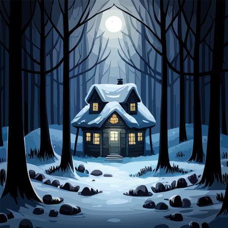 Landscape with moon moonlit night dark mysterious black forest and a home cottage house in winter, vector illustrationのイラスト素材