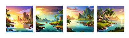 banner set Paradise beach of a tropical island, palm trees on the shore against the backdrop of mountains at sunset, vector illustration. Vector illustrationのイラスト素材