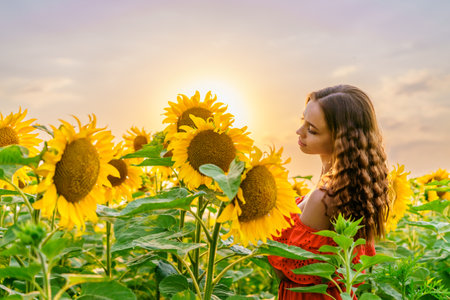 happy woman in a red dress at sunset in a field of sunflowers, smiling sweetlyの写真素材