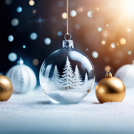 white and gold Christmas background with fir twigs and balls. Christmas balls with snowflakes and branches on colored background, created with generative aiの素材