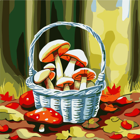 Basket With Edible Forest Mushrooms Colored Autumn Composition on Forest Background Cartoon Vector Illustrationのイラスト素材
