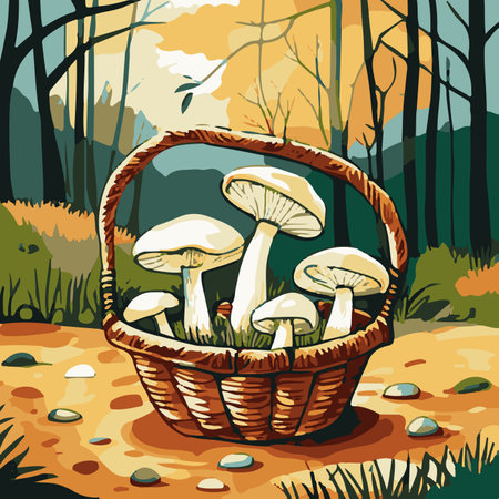 Basket With Edible Forest Mushrooms Colored Autumn Composition on Forest Background Cartoon Vector Illustrationのイラスト素材