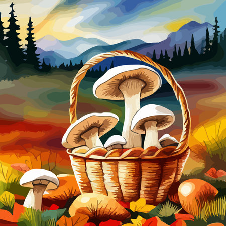 Basket With Edible Forest Mushrooms Colored Autumn Composition on Forest Background Cartoon Vector Illustrationのイラスト素材