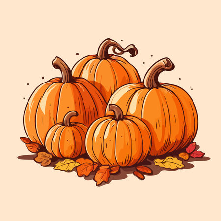 Seamless pattern autumn pumpkins and leaves. Multicolored autumn harvest in yellow and orange colors. Ripe juicy pumpkins and falling leaves. Autumn background. Vector illustration.のイラスト素材