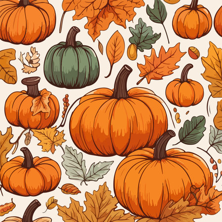 Seamless pattern autumn pumpkins and leaves. Multicolored autumn harvest in yellow and orange colors. Ripe juicy pumpkins and falling leaves. Autumn background. Vector illustration.のイラスト素材