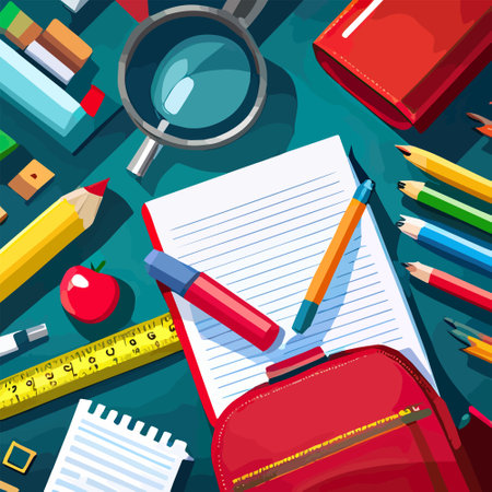 School supplies backpack and pencils, brushes and paints, ruler, sharpener, stickers, calculator, books, glue. Back to school. Vector illustrationのイラスト素材