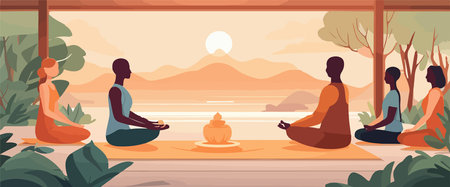 Yoga exercises in nature. Relax, outdoor exercise, fitness and healthy lifestyle. vector simple illustration, a group of people doing yogaのイラスト素材