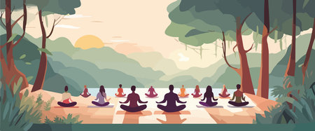 Yoga exercises in nature. Relax, outdoor exercise, fitness and healthy lifestyle. vector simple illustration, a group of people doing yogaのイラスト素材