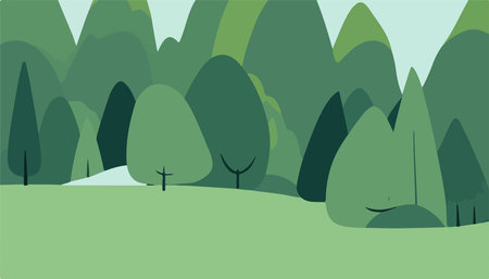Charming Flat Design Vector Art green minimalist forest. Vector illustration nature posterのイラスト素材