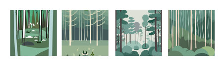 Banner set Forest Minimalistic flat design landscape. Image for a wallpaper, background, postcard or...
