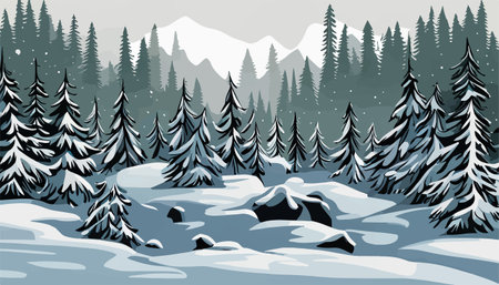 banner winter forest in the morning on the background of mountains vector illustration. Vector illustrationのイラスト素材