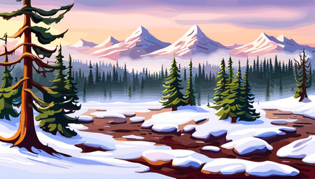 banner winter landscape in the mountains with snow trees and mountain sunrise, vector illustration. Vector illustrationのイラスト素材