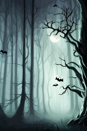 Halloween pumpkins in the dark spooky forest. Vector Illustration for Halloween.のイラスト素材