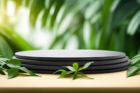 Flat stone podium in magical forest illustration, empty stand background, natural stage for cosmetic product display minimal design, Generative AIの素材