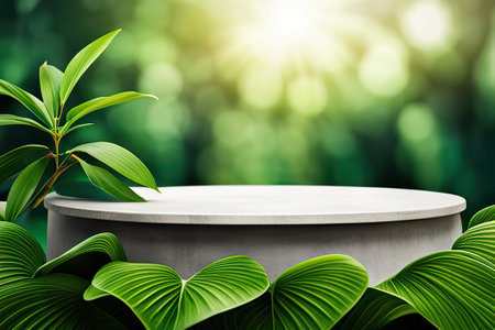 Natural podium in tropical forest for product presentation and green background. 3d renderingの素材