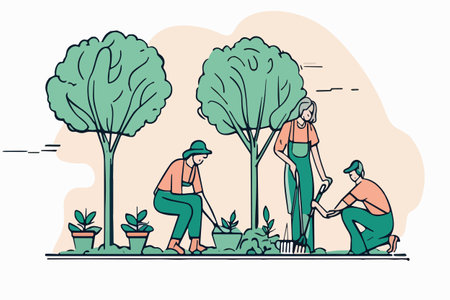 Happy woman and man volunteers planting tree and digging hole with shovel in park. People characters and ecology vector illustration. Woman holding seedling in hers hand, other digging using shovelのイラスト素材