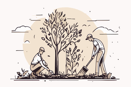 Family Chores Vector Silhouette gardening, planting and garden cleaningのイラスト素材