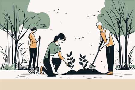 Family Chores Vector Silhouette gardening, planting and garden cleaningのイラスト素材