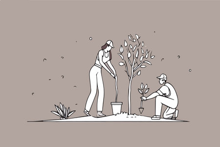 Happy woman and man volunteers planting tree and digging hole with shovel in park. People characters and ecology vector illustration. Woman holding seedling in hers hand, other digging using shovelのイラスト素材