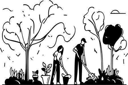 Man and woman Planting Tree, vector linear illustration sketch. Nature protection conceptのイラスト素材