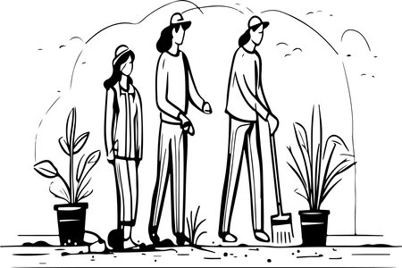 Man and woman Planting Tree, vector linear illustration sketch. Nature protection conceptのイラスト素材