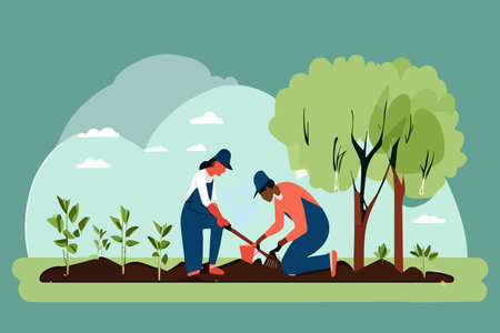 Man and woman Planting Tree, vector linear illustration sketch. Nature protection conceptのイラスト素材