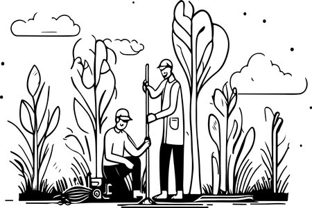 Man and woman Planting Tree, vector linear illustration sketch. Nature protection conceptのイラスト素材