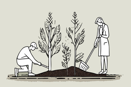 Man and woman Planting Tree, vector linear illustration sketch. Nature protection conceptのイラスト素材
