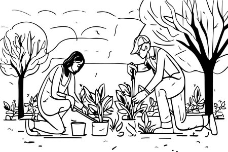 Man and woman Planting Tree, vector linear illustration sketch. Nature protection conceptのイラスト素材