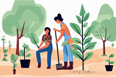 Man and woman Planting Tree, vector linear illustration sketch. Nature protection conceptのイラスト素材