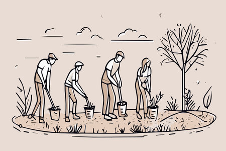 Happy woman and man volunteers planting tree and digging hole with shovel in park. People characters and ecology vector illustration. Woman holding seedling in hers hand, other digging using shovelのイラスト素材