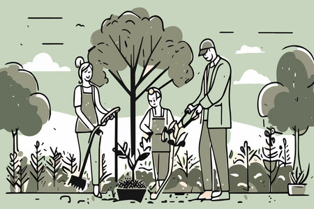 Man and woman Planting Tree, vector linear illustration sketch. Nature protection conceptのイラスト素材
