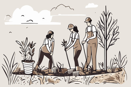 Man And Woman Volunteering Planting Tree Black Line Pencil Drawing Vector. Boy And Girl Volunteers Gardening With Bucket And Shovel, Volonteering For Safe Environmental Ecology. Illustrationのイラスト素材